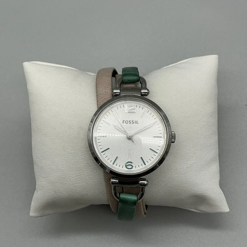 Fossil Georgia ES3224 Women Watch 32mm Silver Dial Green Tan Leather New Battery